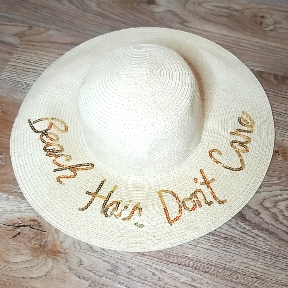 Cream Floppy Beach Hat Gold Sequined Print Sun Protection Bad Hair Day Dont Care